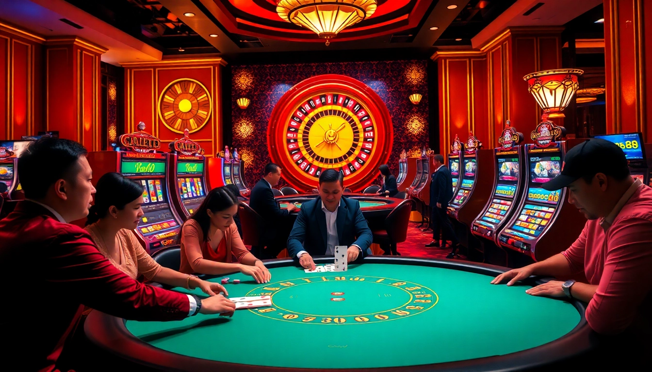 Players enthusiastic at a poker table in MM88 casino setting amidst vibrant slot machines.