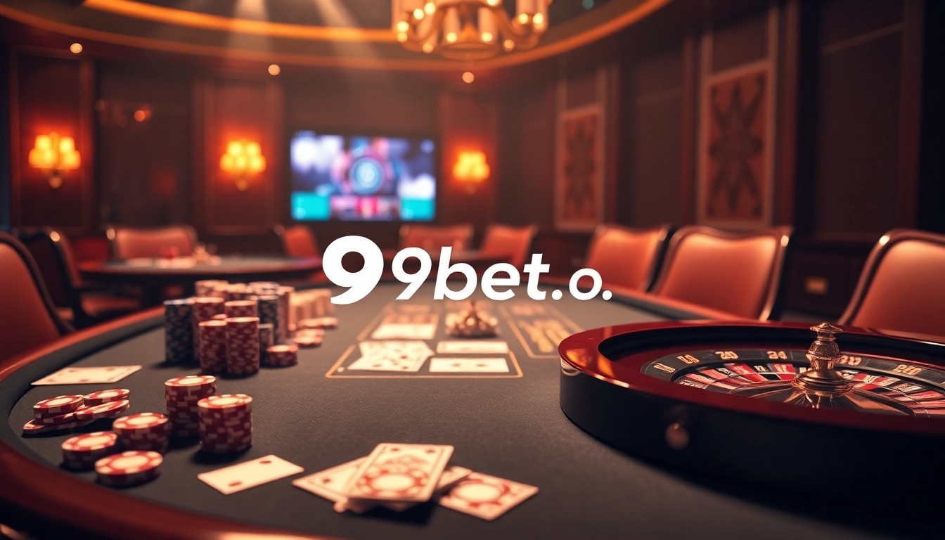 The lively casino scene showcasing a table filled with poker chips and cards, emphasizing the excitement of betting at https://9bet0.us.com/.