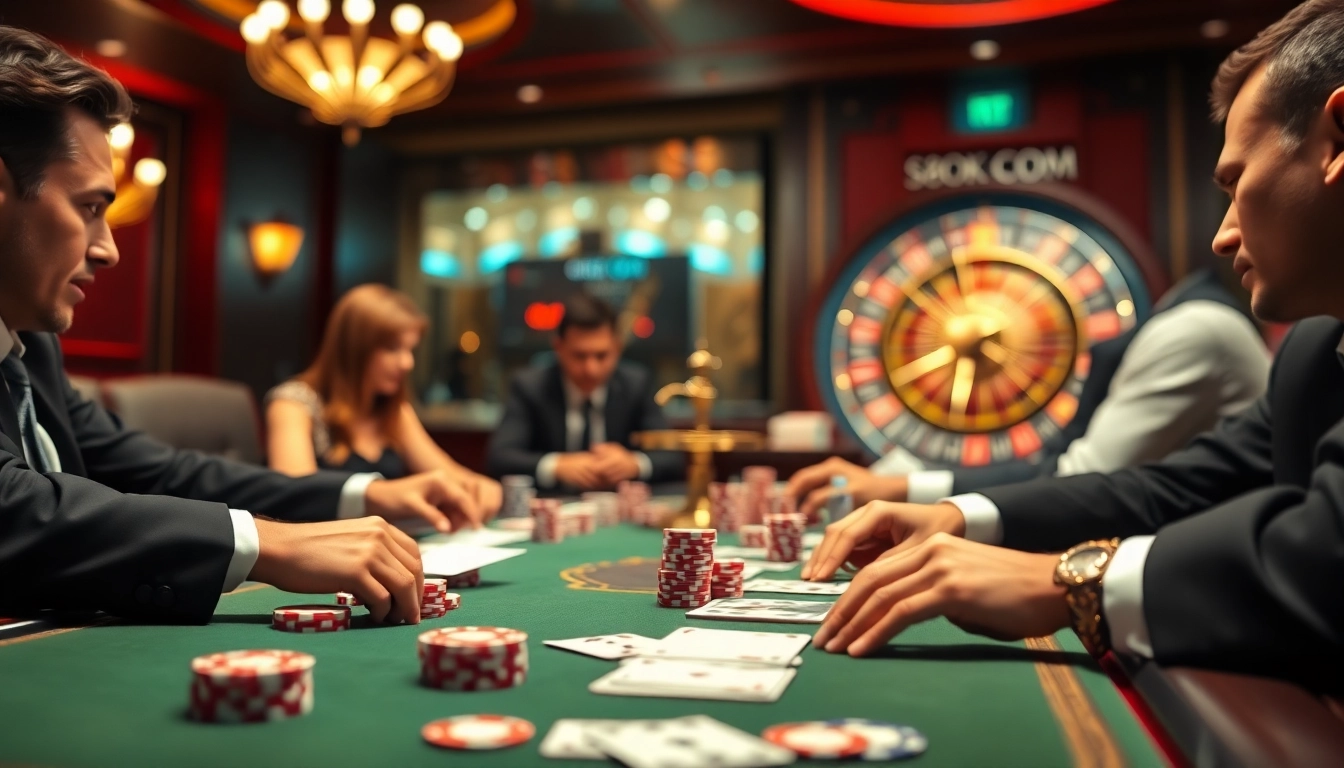S8OK COM poker players strategizing at an elegant table surrounded by casino excitement.