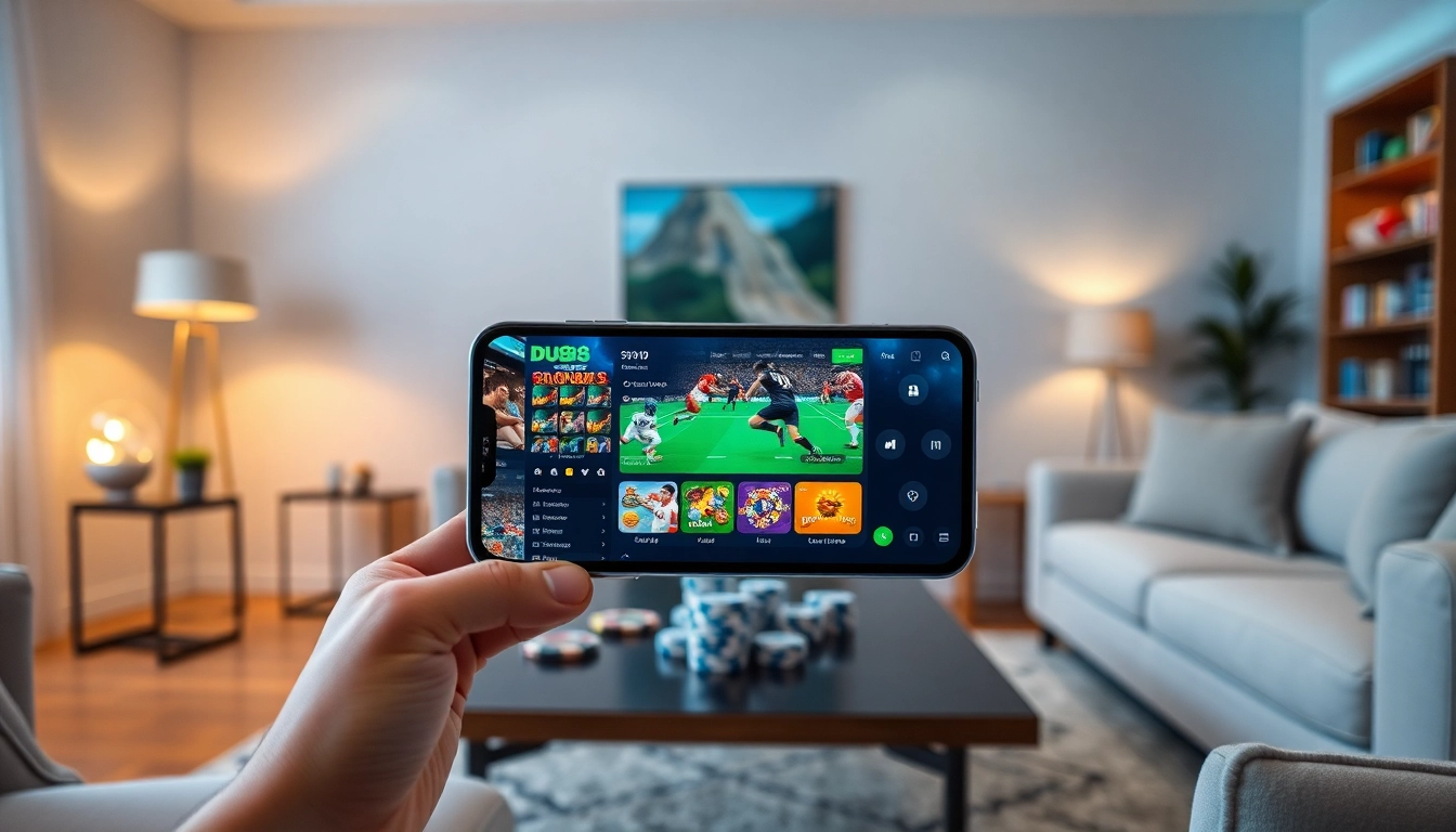 Experience the excitement of DU88's online gambling platform on a smartphone in a modern living room.