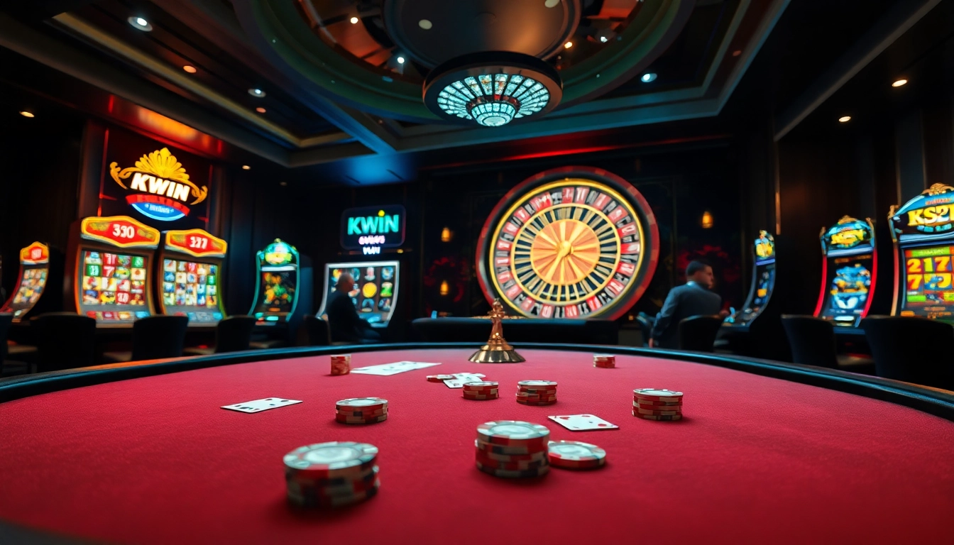 Experience the thrill of gambling at Kwin with a vibrant casino scene showcasing poker tables and slots.