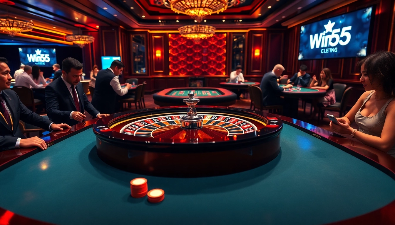 Players enjoying a luxury casino experience with Win55 at the roulette table.