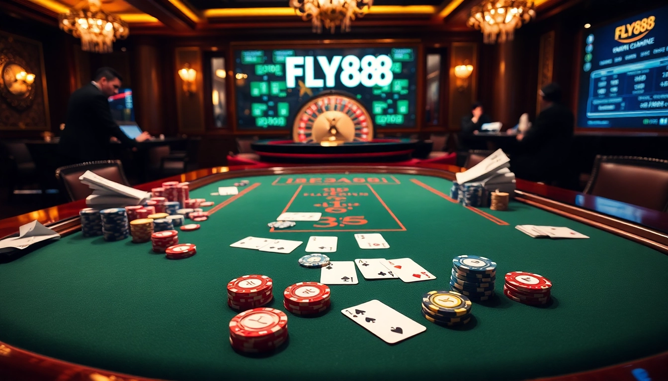 High-stakes gambling at the FLY88 poker table with vibrant chips and an elegant roulette wheel.