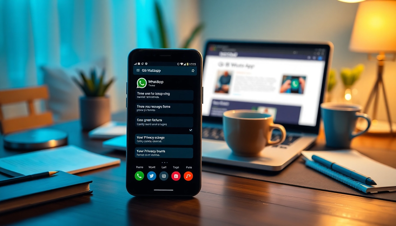 Explore the GB WhatsApp interface on a smartphone in a cozy workspace, highlighting advanced customization features.