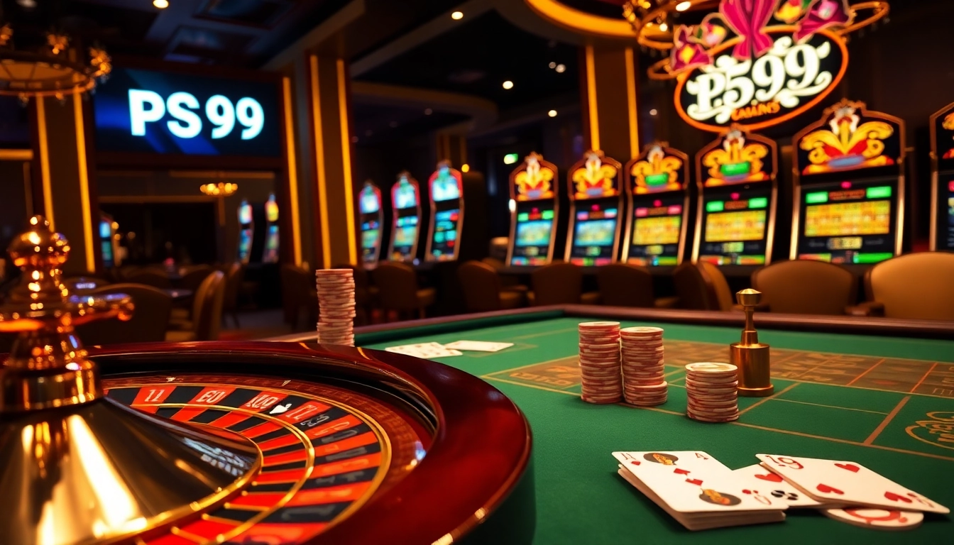 Gambling strategy visualization featuring PS99 at an elegant casino table with poker chips and cards.