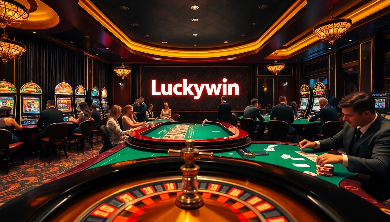 Experience the thrill of Luckywin at vibrant casino tables with players and glowing slot machines.