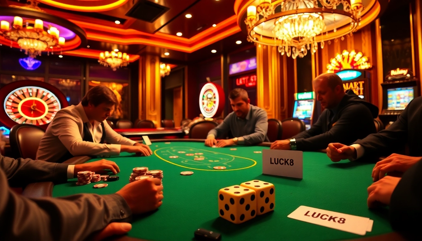 Cảnh chơi poker đầy náo nhiệt tại casino LUCK8 với những chip cược sống động và bàn roulette