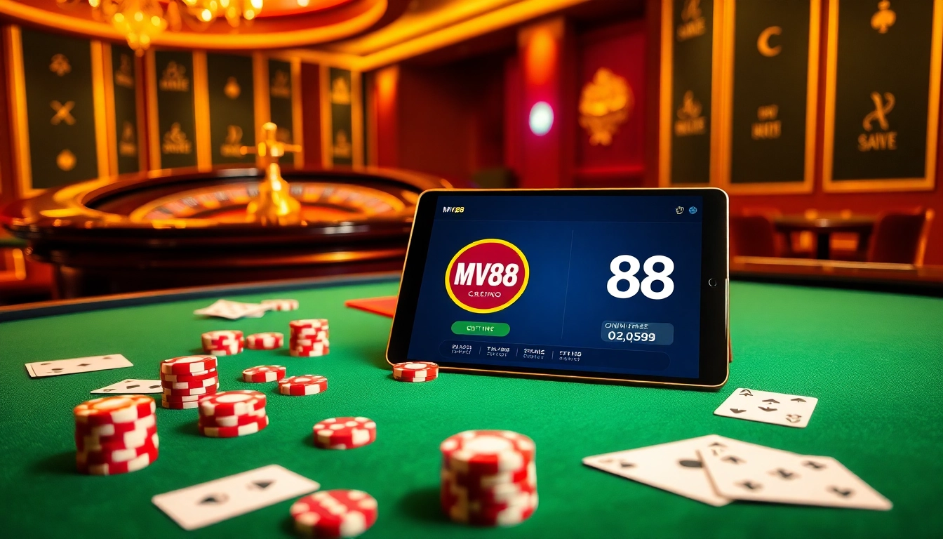 Experience the thrill of online casino action at MV88, featuring vibrant gambling tables and engaging visuals.