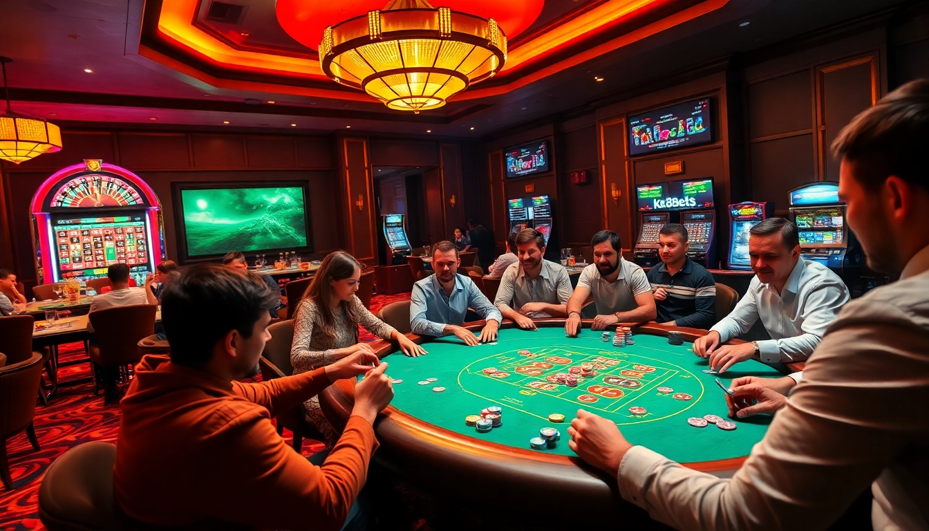 Experience the thrill of k8bet with players engaged in a high-stakes poker game at a luxury casino.