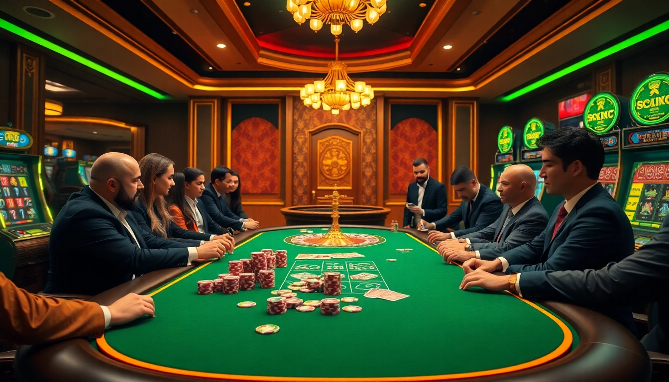 Players engaging in poker at an sx88 casino, showcasing chips and cards in a luxurious atmosphere.