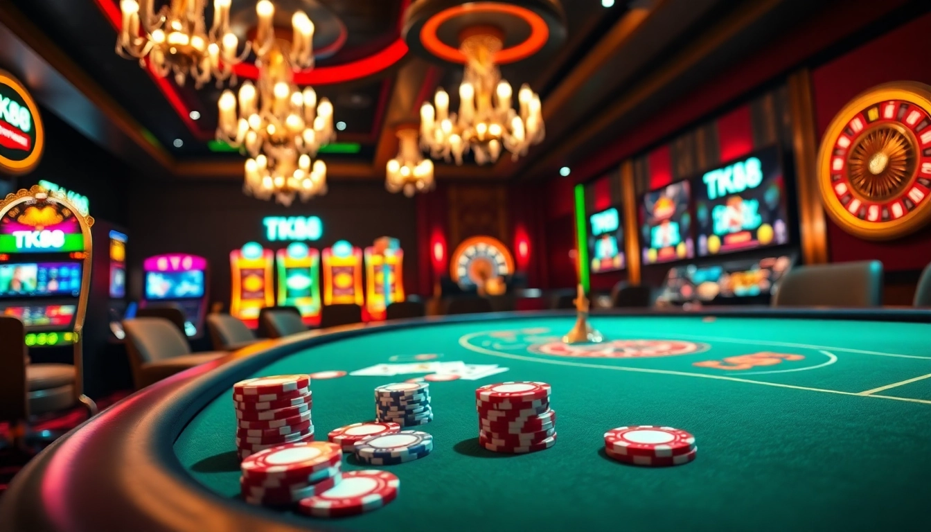 TK88 gambling action with vibrant cards, chips, and a luxurious casino backdrop.