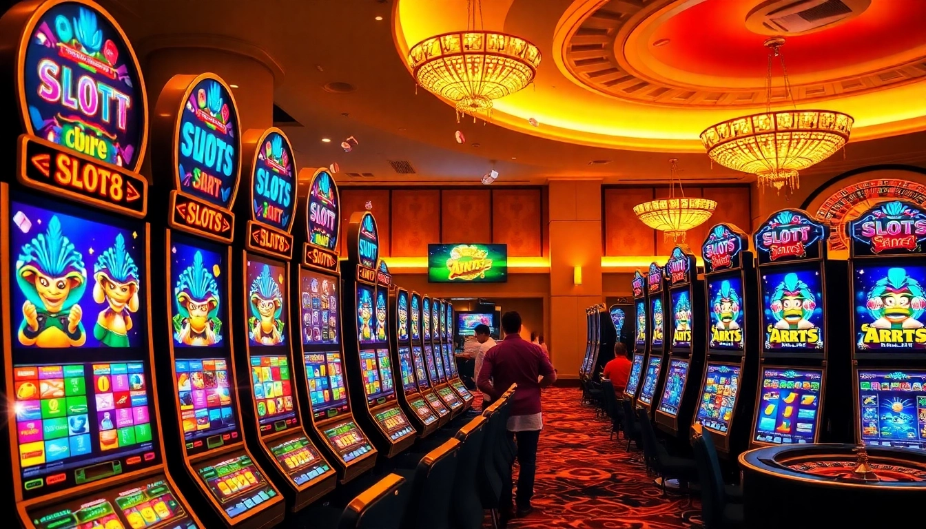 SLOTS8 slot machines in an upscale casino setting with bright lights and excited players.