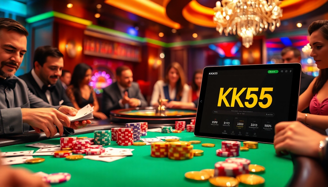 Experience high-stakes gaming at KK55 with vibrant poker tables and winning moments.
