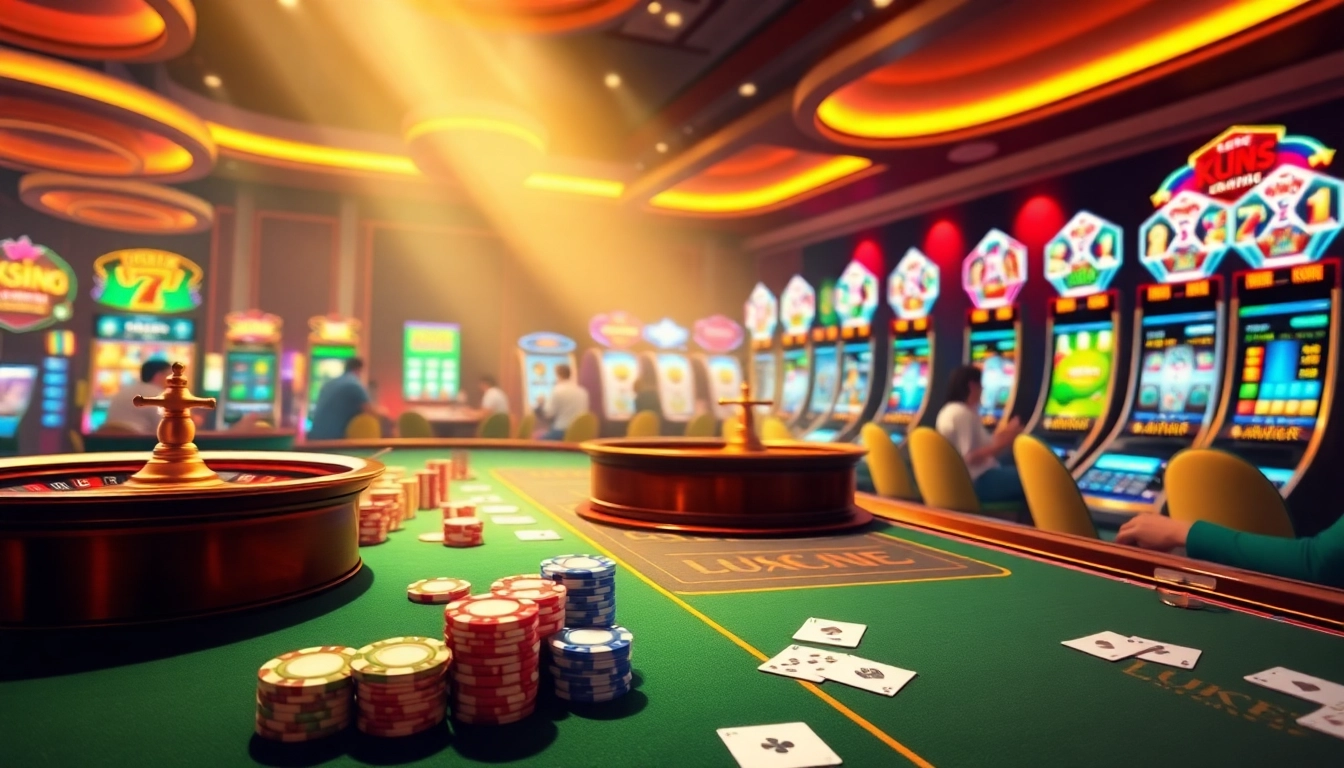 Engage with high-stakes gaming at LUCK8882, featuring vibrant casino tables and slot machines.
