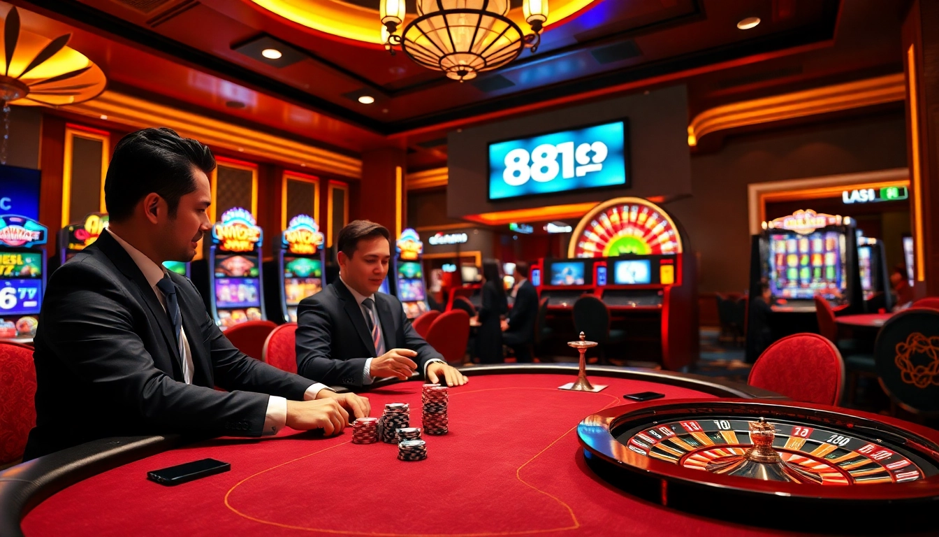 Action-packed scene of professional gamblers at 88i nhà cái casino, showcasing excitement and luxury.