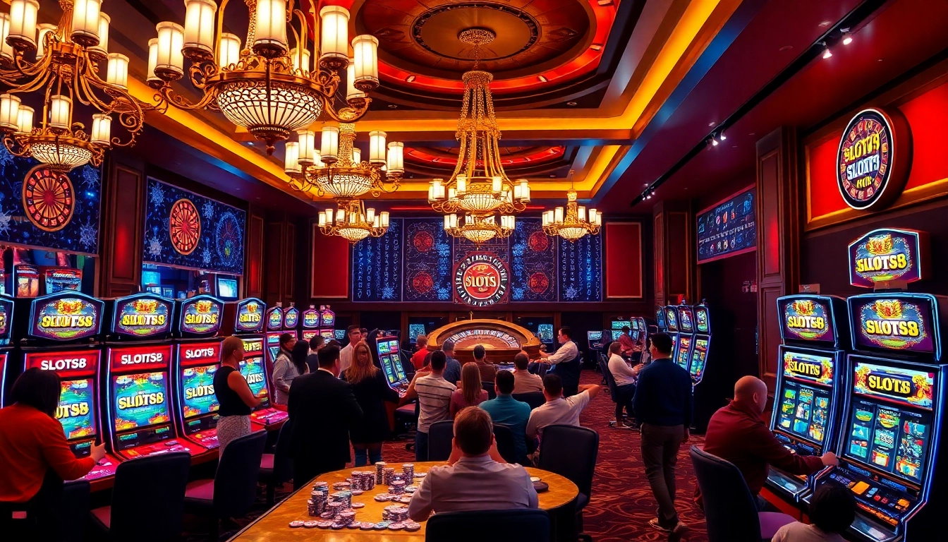 Excited players winning big on SLOTS8 slot machines in a vibrant casino setting.