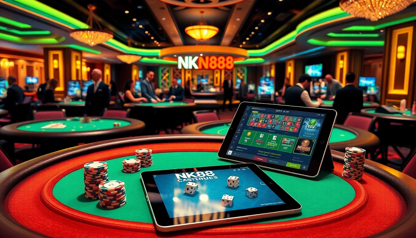 Exciting NK88 casino scene with vibrant poker chips and dynamic games in action.