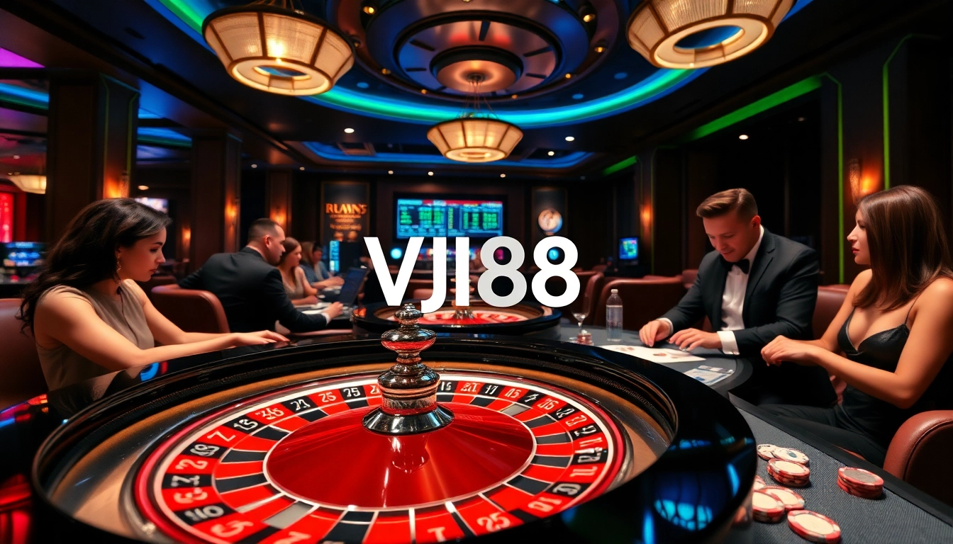 Experience the thrill of VJ88 at an upscale casino with roulette, poker chips, and intense gameplay.