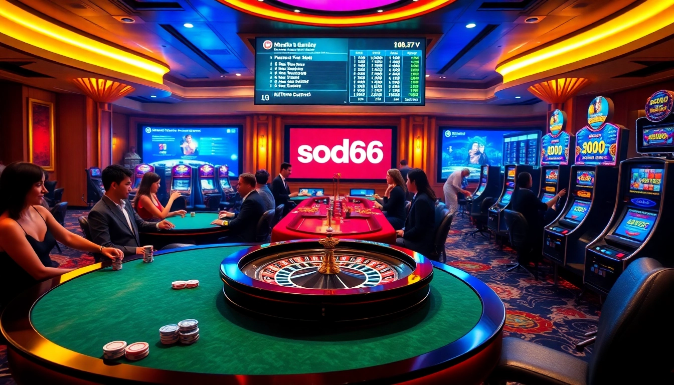 Sodo66 players celebrating wins at a luxurious casino table filled with chips and cards.