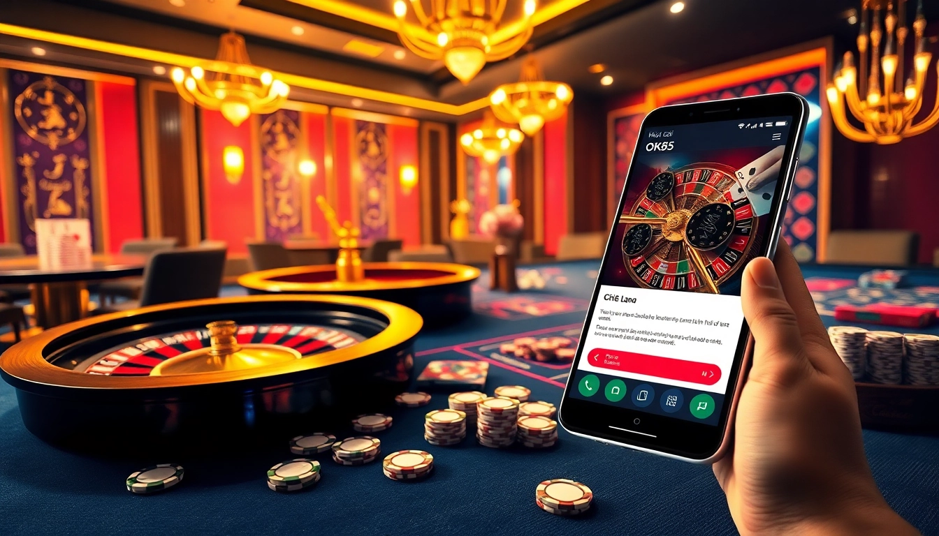 House of gambling excitement at Nhà cái OK365, featuring a roulette wheel and modern gaming app interface.