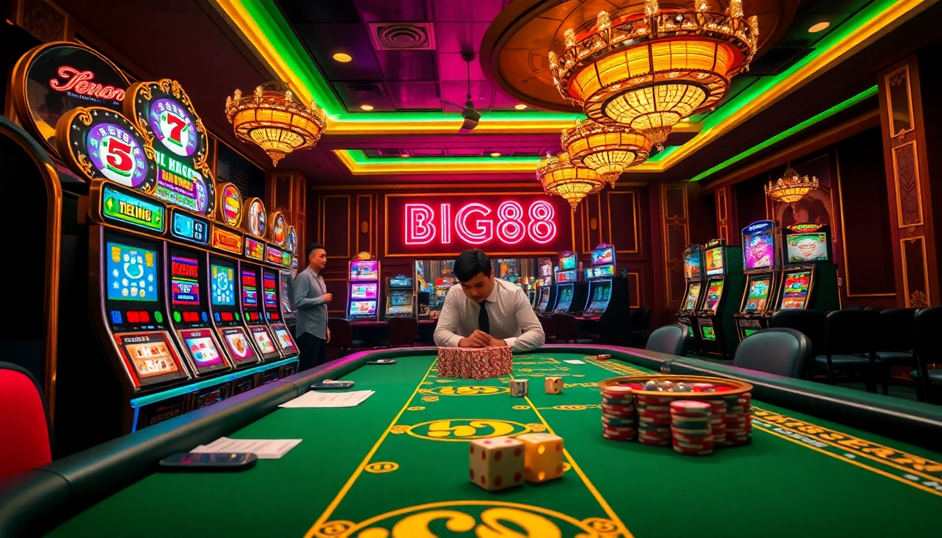 Cổng game Big88 at a luxurious casino table showcasing vibrant slot machines and poker chips.