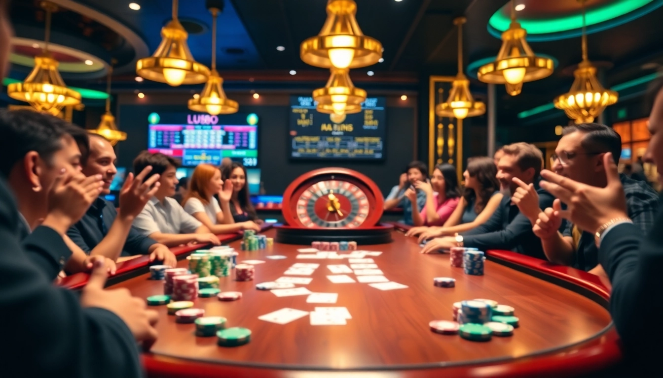 Players enjoying a thrilling poker game at lu88 casino with vibrant chips and cards.