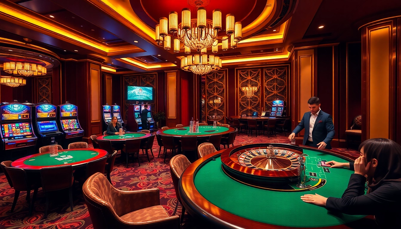 Dynamic gaming scene featuring nhà cái BL555 with players at tables and vibrant slot machines.