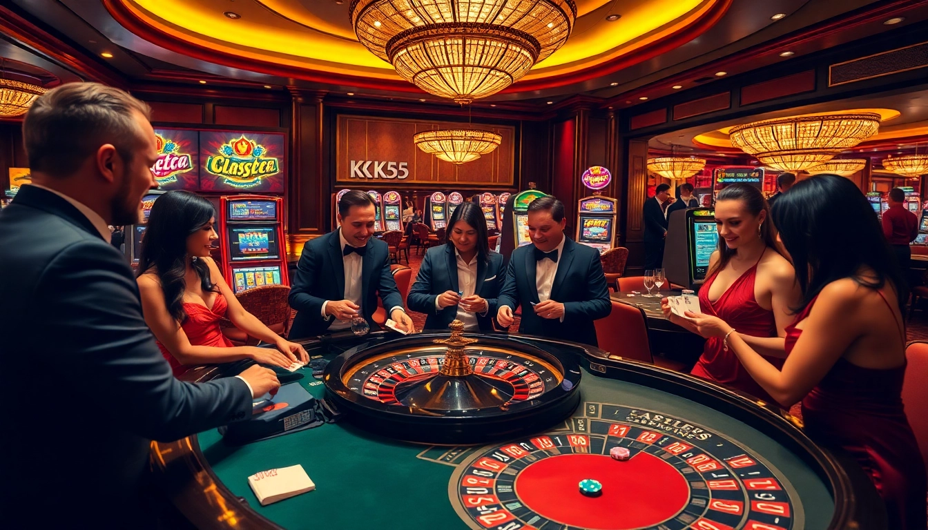 Players engaging at a roulette table in a luxurious casino environment featuring KK55 signage.