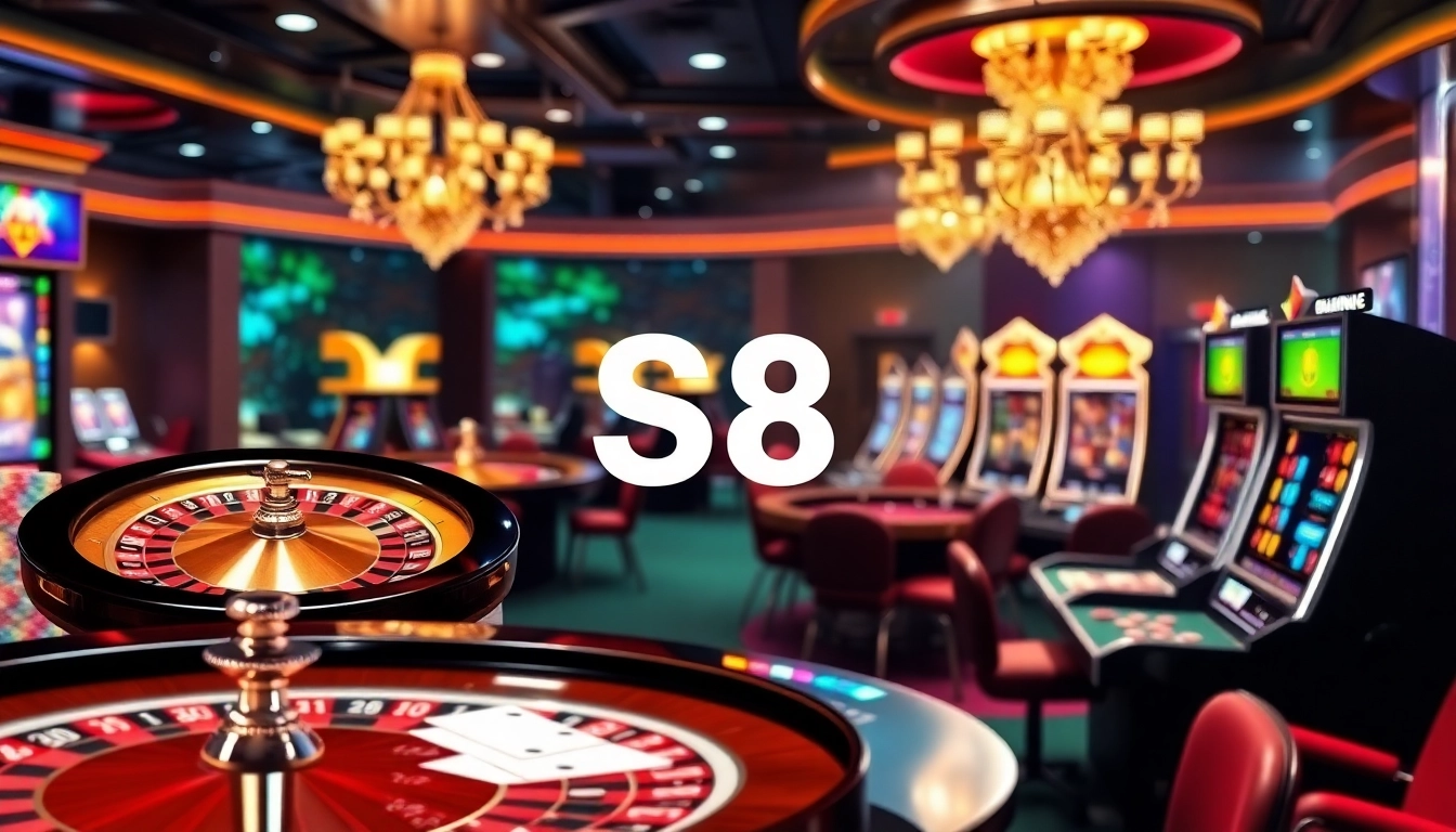 S8 online casino showcasing an immersive gambling environment with roulette wheels and poker tables.
