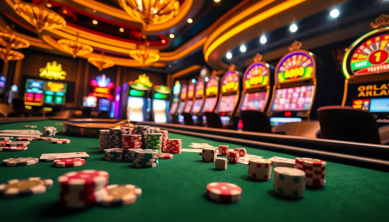 Experience thrilling gambling at a vibrant casino featuring ABC8 branded gaming tables and slot machines.