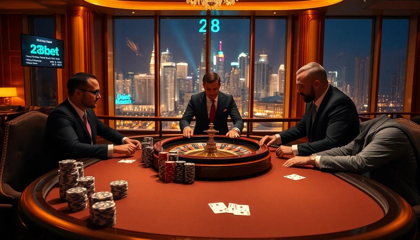 28bet players engaging in an exhilarating poker game at a modern casino.