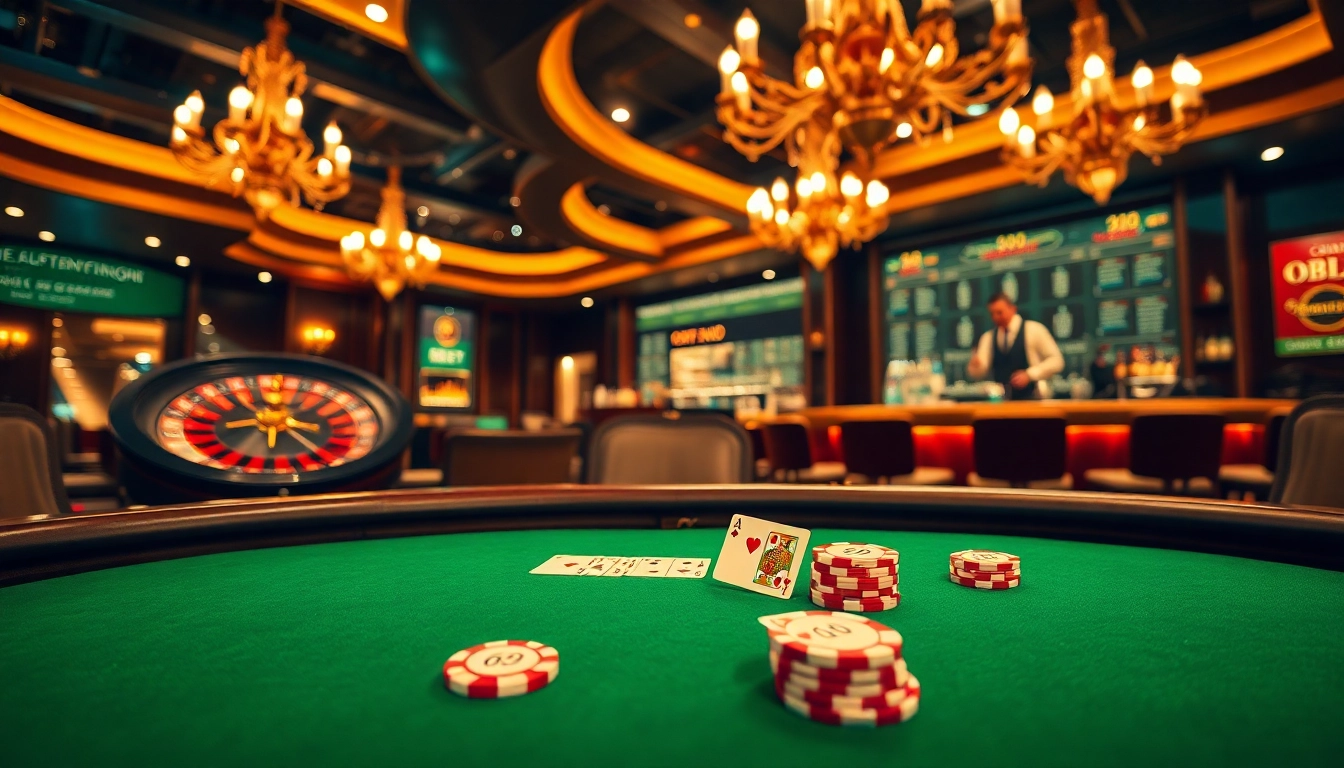 Casino players enjoying a vibrant 9BET poker game at a luxurious table with chips and cards.