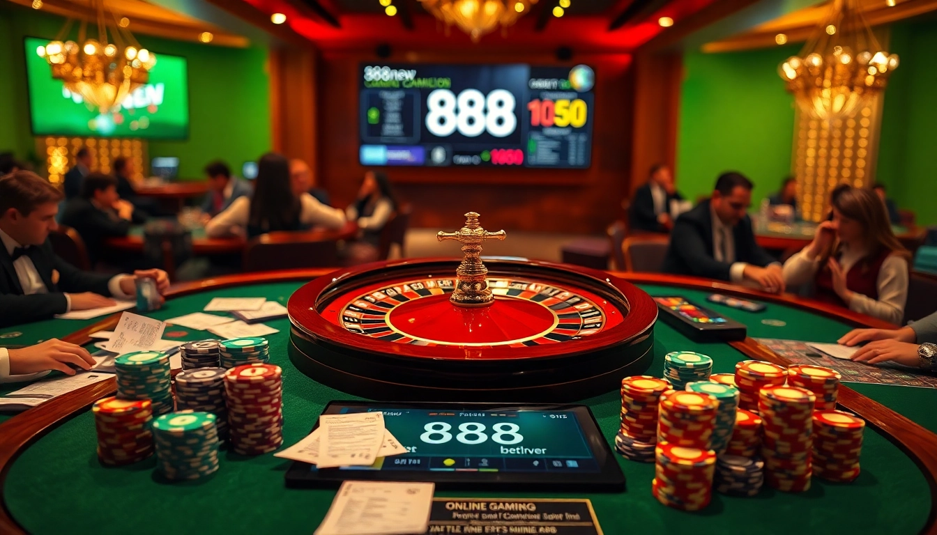Engage with action at the 888new casino, featuring an exciting roulette wheel and vibrant poker chips.
