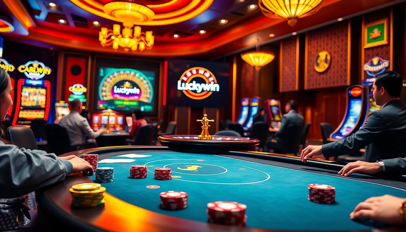 Engaging players at a vibrant Luckywin casino interface with poker chips and cards