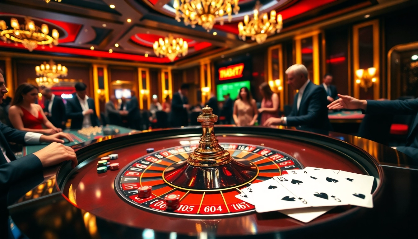 Experience the thrill of gambling at thabet77 casino with players engaged at a roulette table.