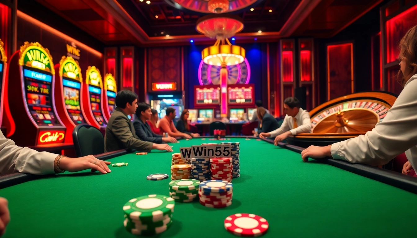 Win55 poker players strategizing in an upscale casino environment with vibrant slot machines.