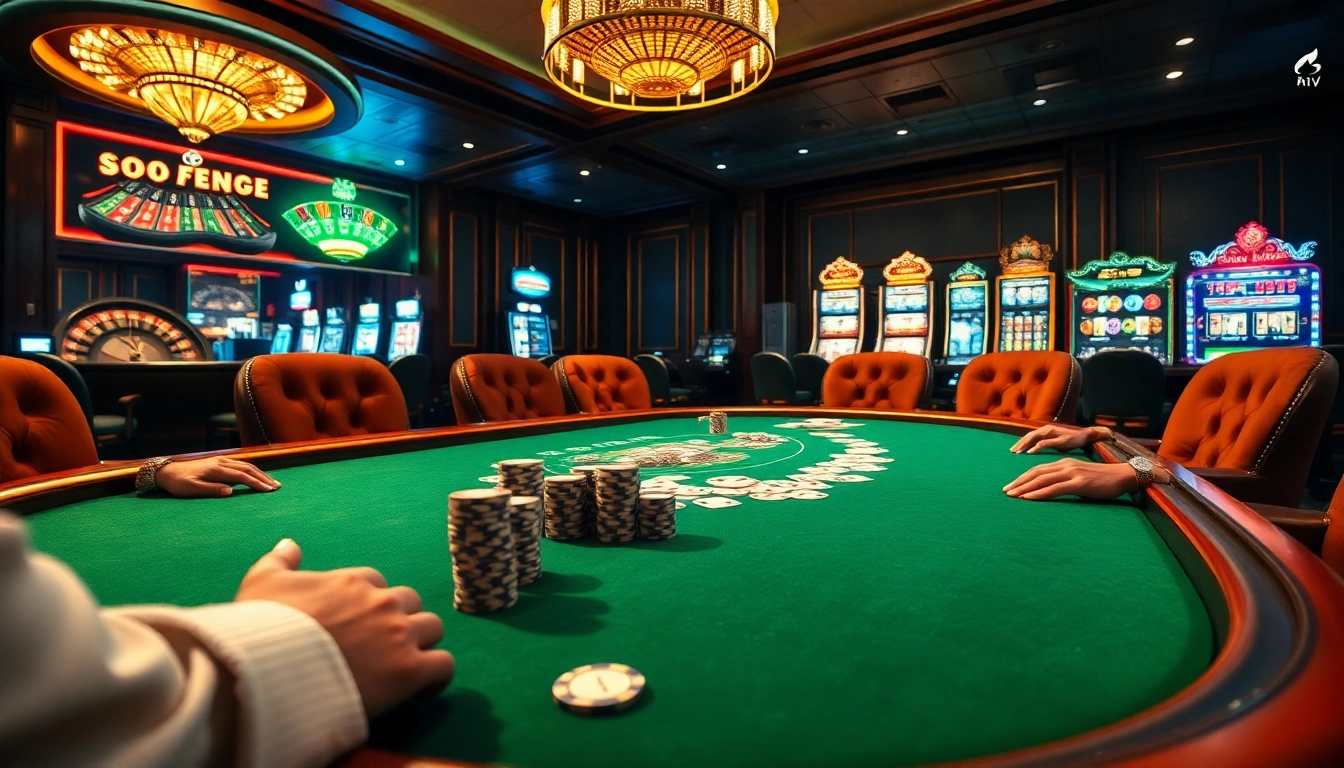 A high-stakes poker game at a luxurious casino, showcasing players and poker chips alongside https://n188hv.com/ for engaging gambling excitement.