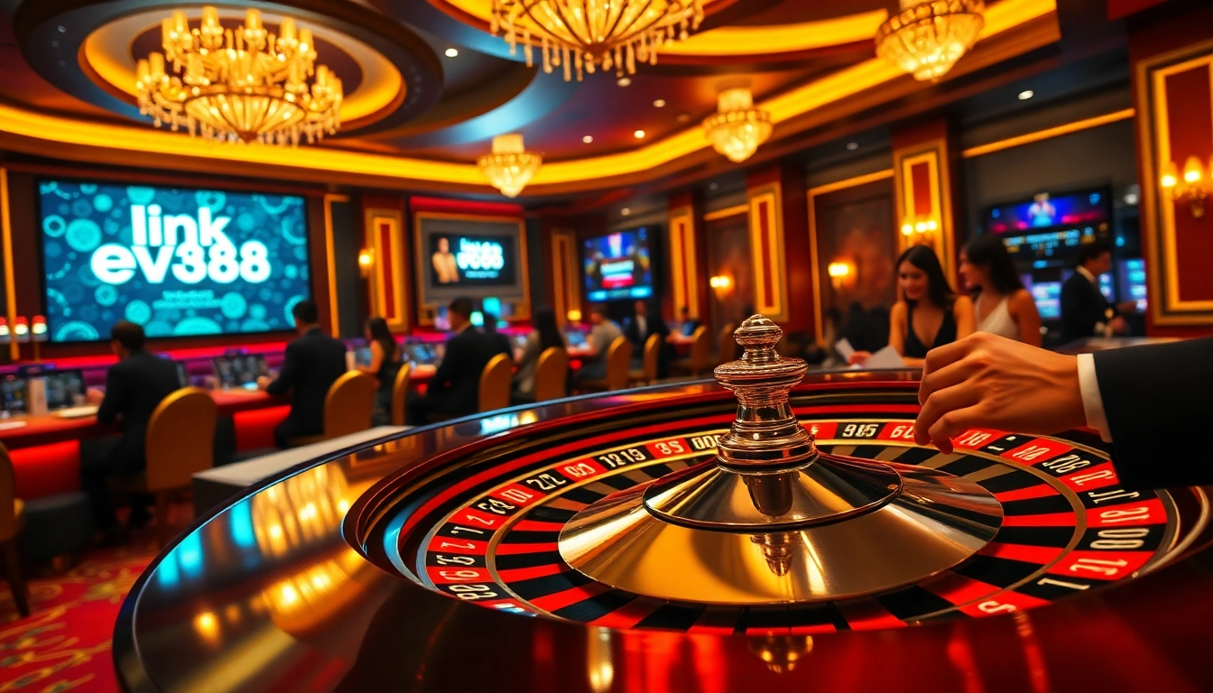 Experience the thrill of link ev88 in a vibrant casino scene with roulette and enthusiastic players.