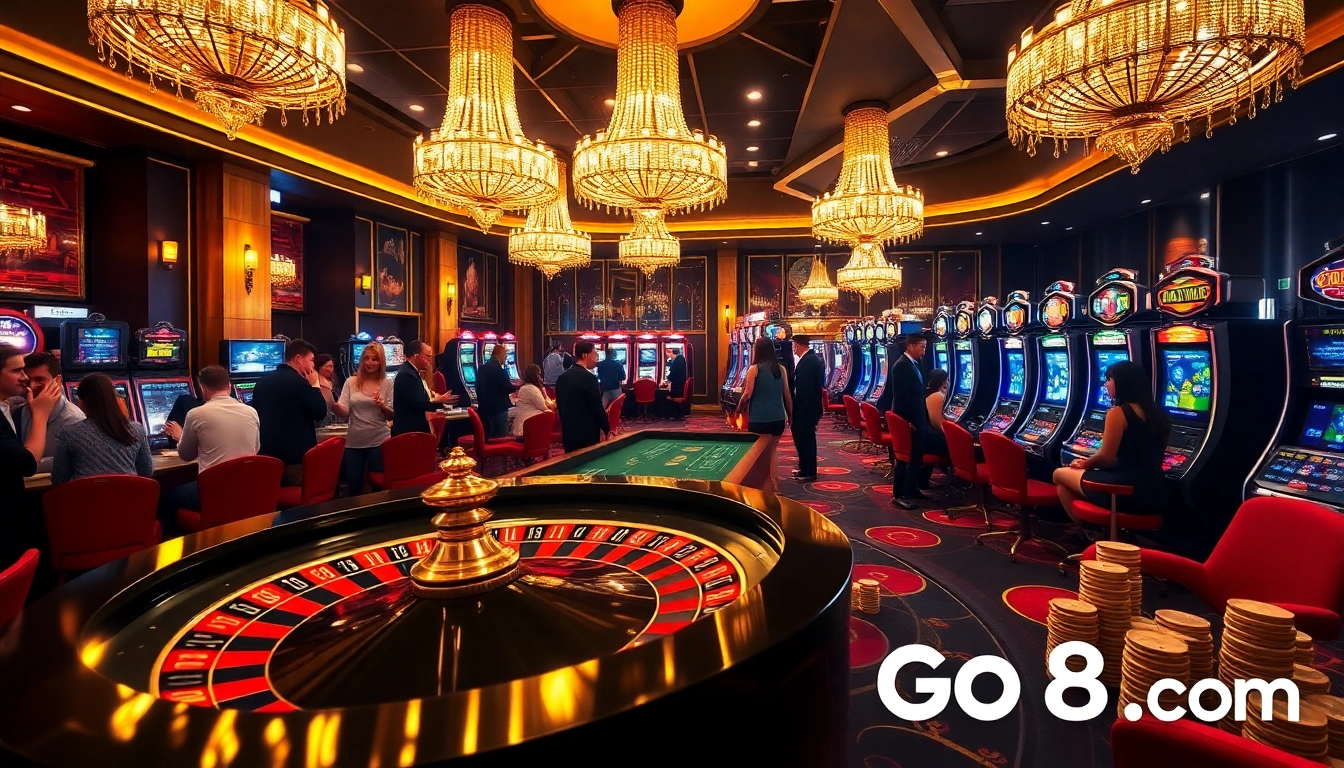 Engaging gamblers at Go8.com with a glamorous casino scene featuring roulette, poker chips, and luxury.