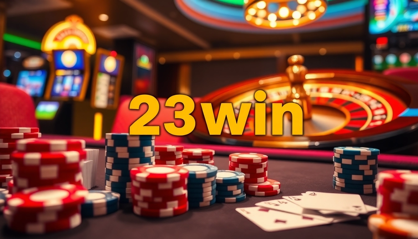 Players enjoying casino games at 23win, featuring dynamic tables, poker chips, and a lively atmosphere.