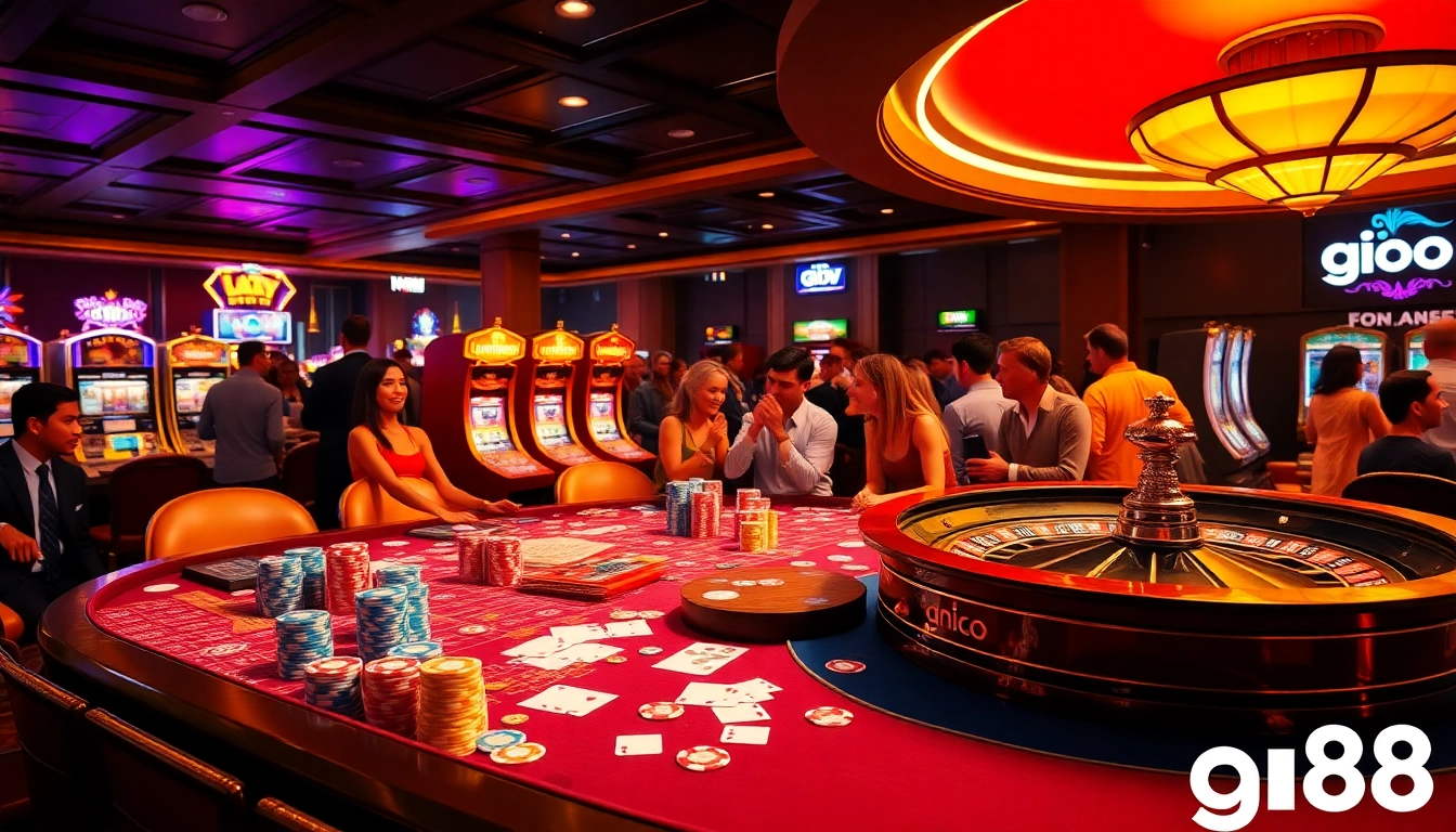 Excited gamblers playing at a luxurious casino table featuring g88 poker chips and cards.