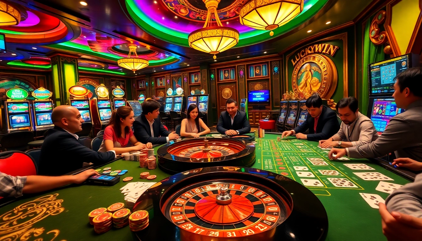 Engage in thrilling gameplay at the Luckywin club, surrounded by vibrant tables, slots, and enthusiastic gamers.