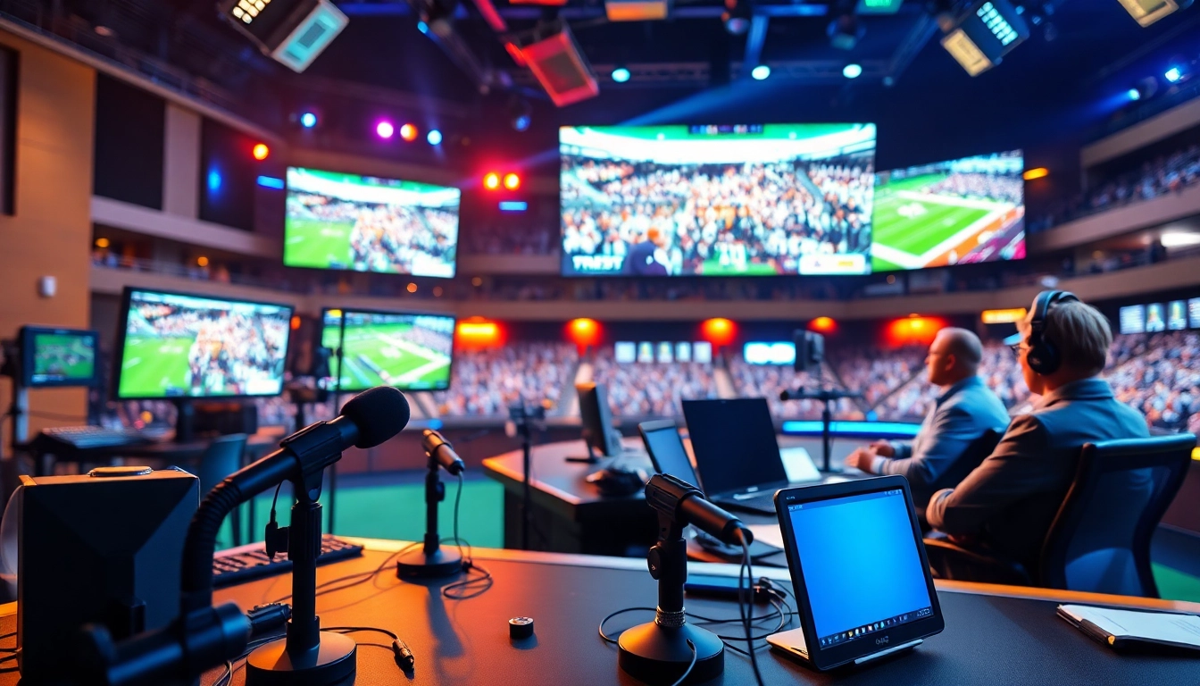 Engaging scene of sports broadcasting with analysts discussing key moments.