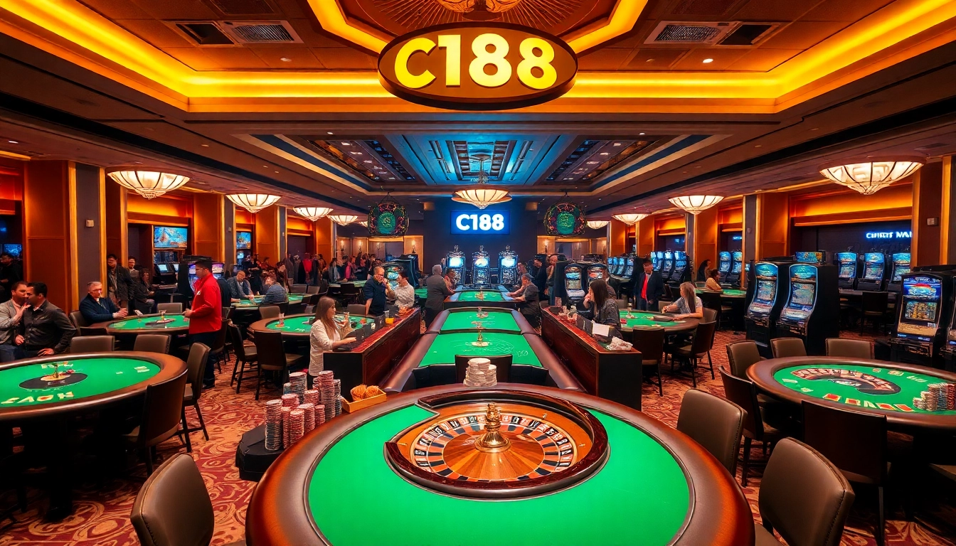 Players enjoying the thrill of gambling at C168 casino tables, filled with vibrant poker chips and roulette wheels.