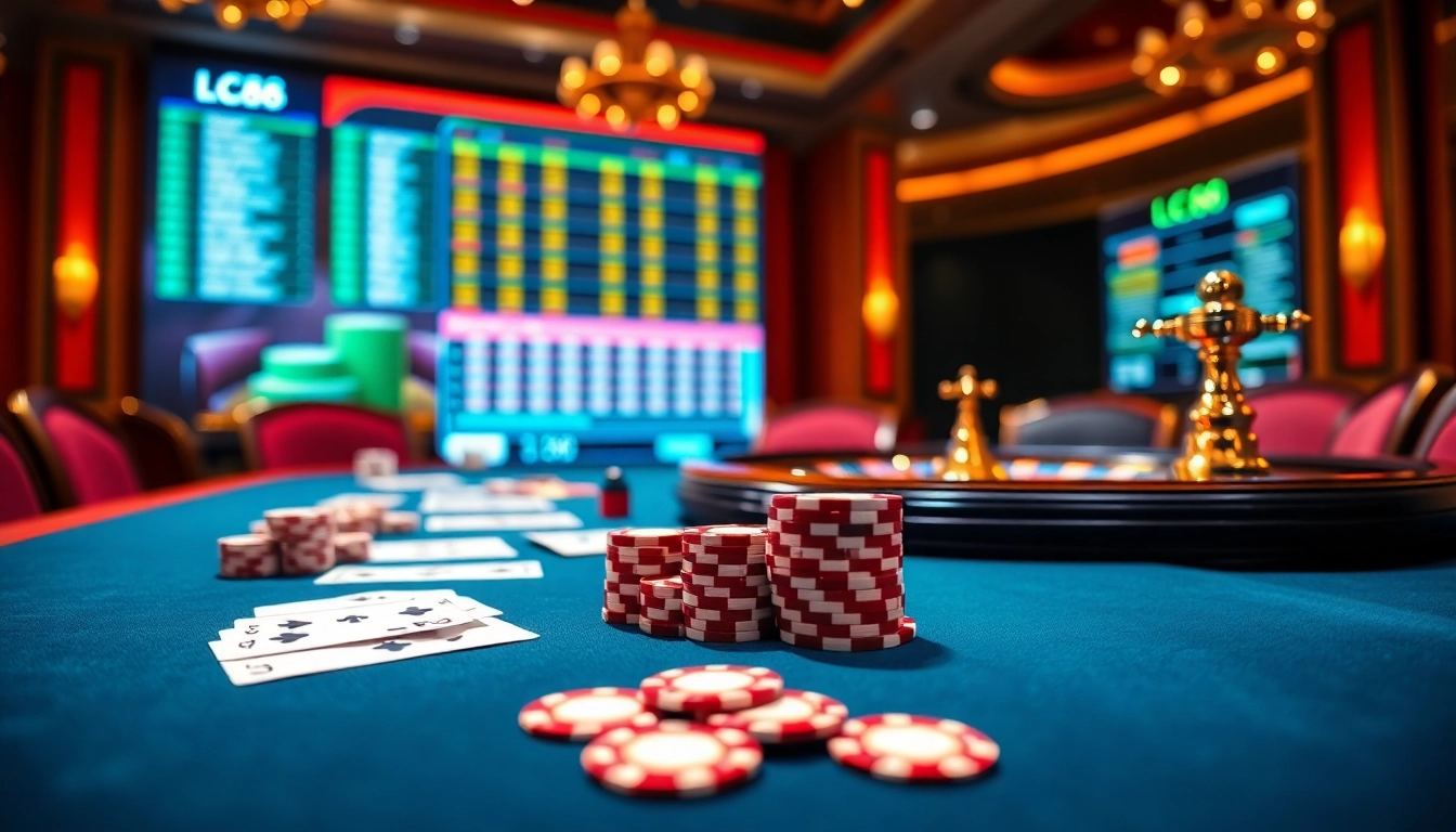 LC88 poker table with high-quality chips and cards, showcasing an exciting gambling experience.