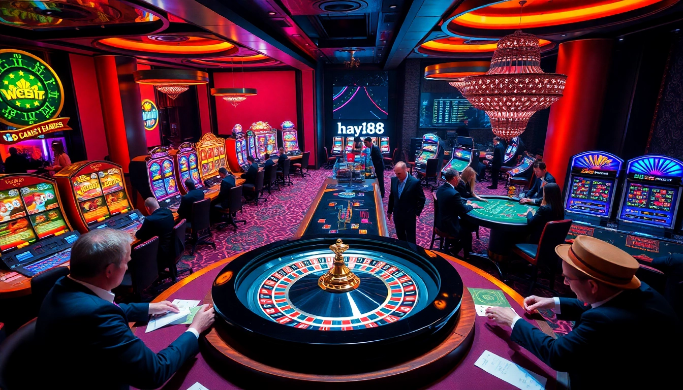 Exciting casino scene showcasing players engaged in games at hay88 com, featuring roulette, poker, and slot machines.