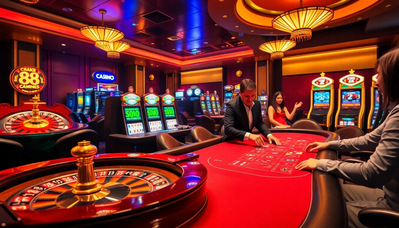 Action-packed casino gaming ambiance featuring 88i nhà cái with roulette and poker games.