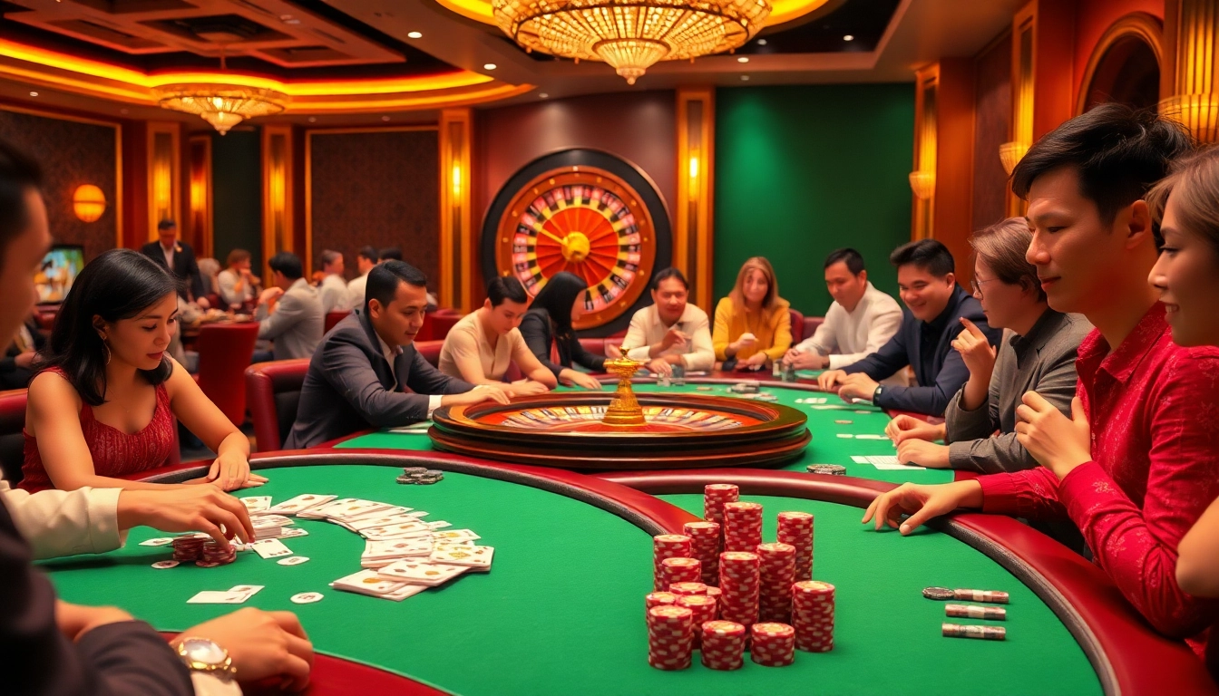 Players enjoying an exciting game bài experience at luxurious casino tables with abundant chips and cards.
