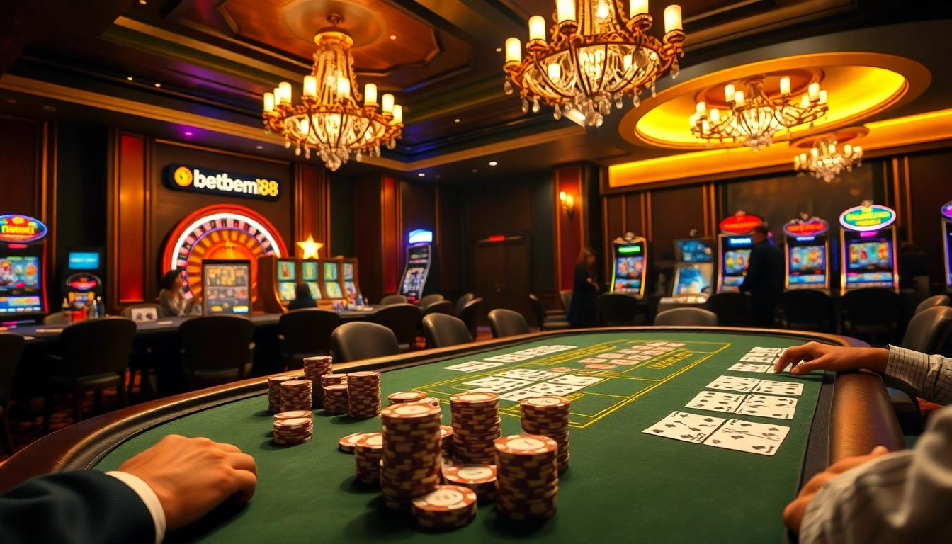 Bets placed at a luxurious bem88 casino poker table with vibrant poker chips and elegant décor.