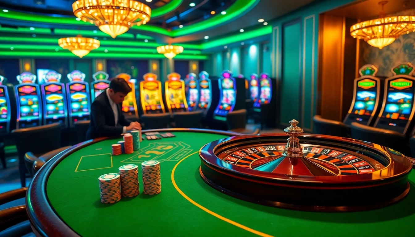 A bustling casino scene at https://8kbettt.live/ featuring vibrant tables, poker chips, and a roulette wheel.